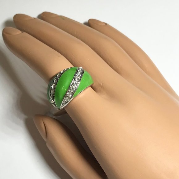 Vintage Green Enamel Cocktail Ring Silver Plated Crystal Rhinestone Size 7 Boho - Picture 5 of 12